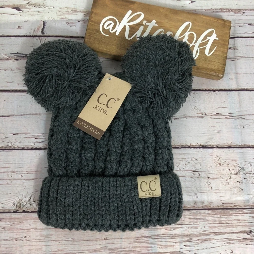 CC Beanie Kids Chunky Cable‎ Knit Hat Double Pom